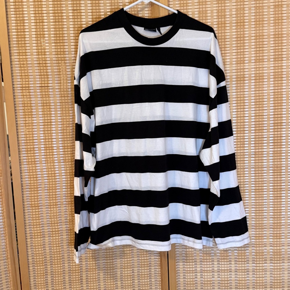 ASOS DESIGN Womens Black White Striped Long Sleeve T-Shirt Oversized Large